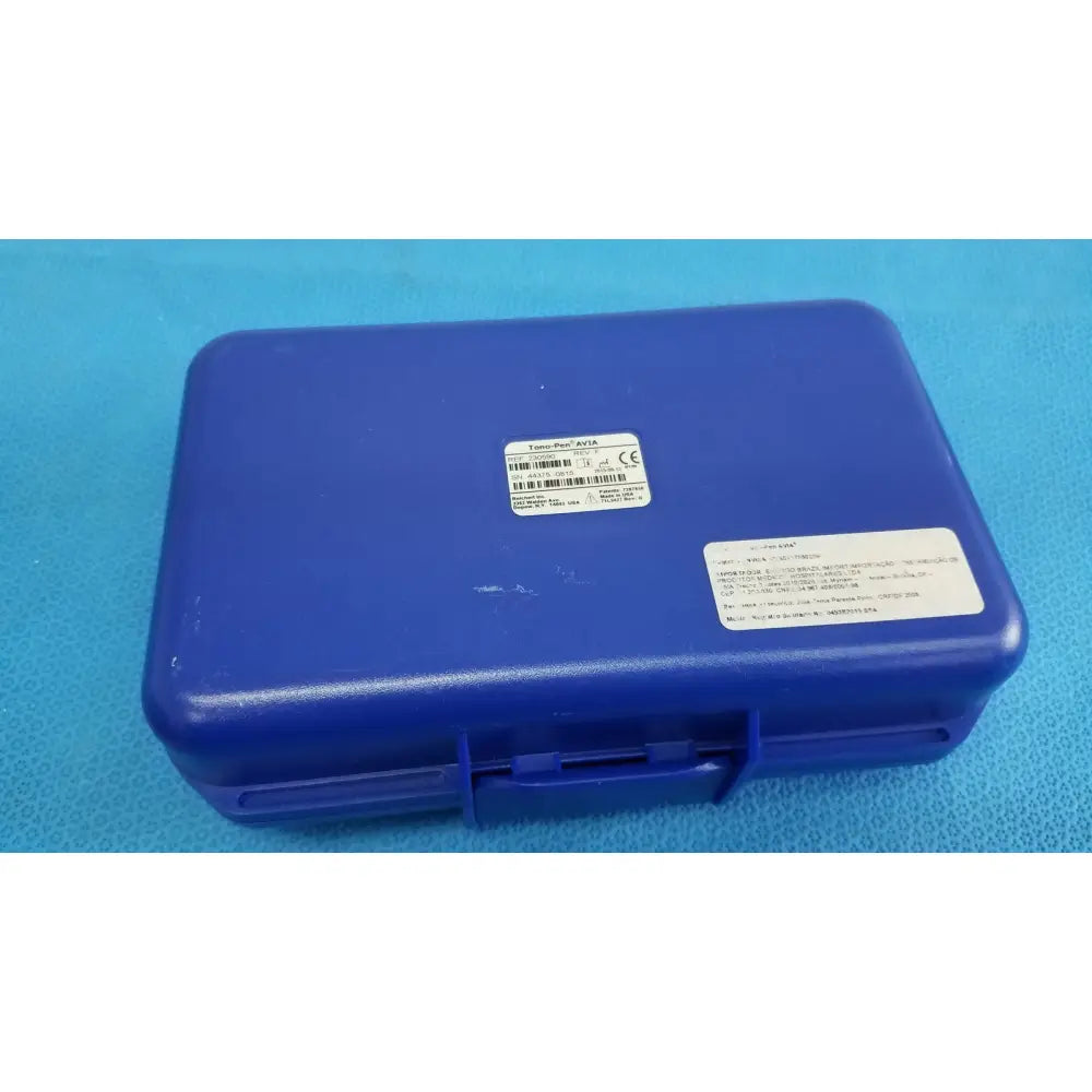 Blue plastic case with label for tissue-plus axa product included with Reichert tono pen avia applanation tonometer