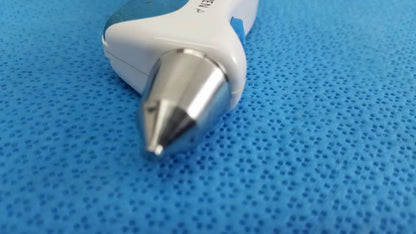 White and blue handheld tono pen avia tonometer with metallic silver tip and protective case for eye pressure measurement