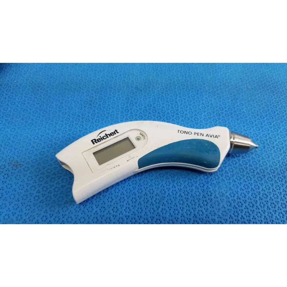 White and teal reichert tono pen avia handheld tonometer with metallic tip and carrying case for eye pressure measurement
