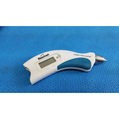White and teal reichert tono pen avia handheld tonometer with metallic tip and carrying case for eye pressure measurement