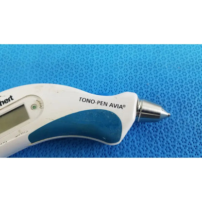 White and blue Reichert Tono Pen AVIA handheld tonometer with metallic tip and carrying case for eye pressure measurement