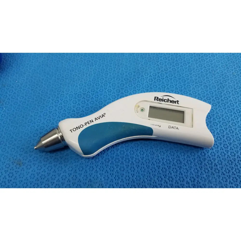White and teal reichert tono pen avia handheld tonometer with metallic tip and protective case for eye pressure measurement