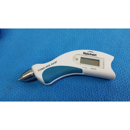 White and teal reichert tono pen avia handheld tonometer with metallic tip and protective case for eye pressure measurement