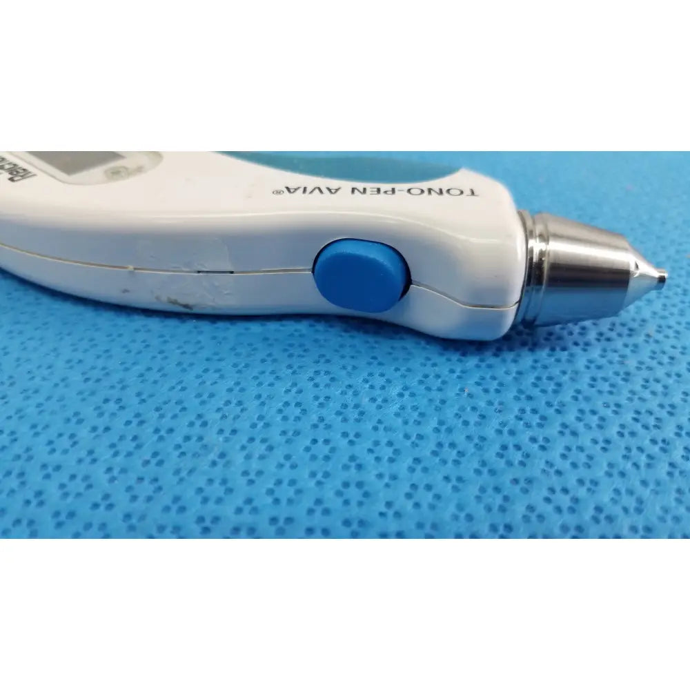 Reichert tono pen avia handheld digital tonometer in white and blue with metallic tip and carrying case for eye pressure measurement