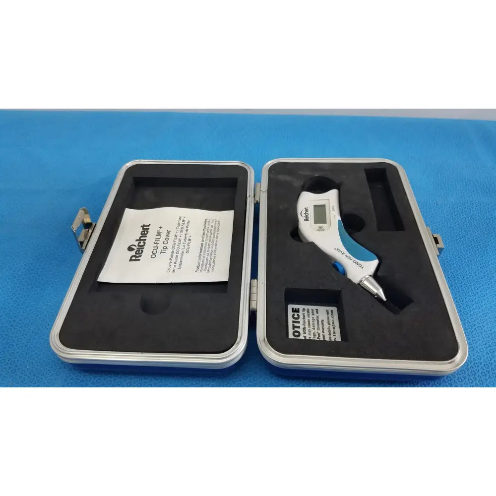 Reichert tono pen avia handheld tonometer with white and blue digital contact probe and silver tip in protective case