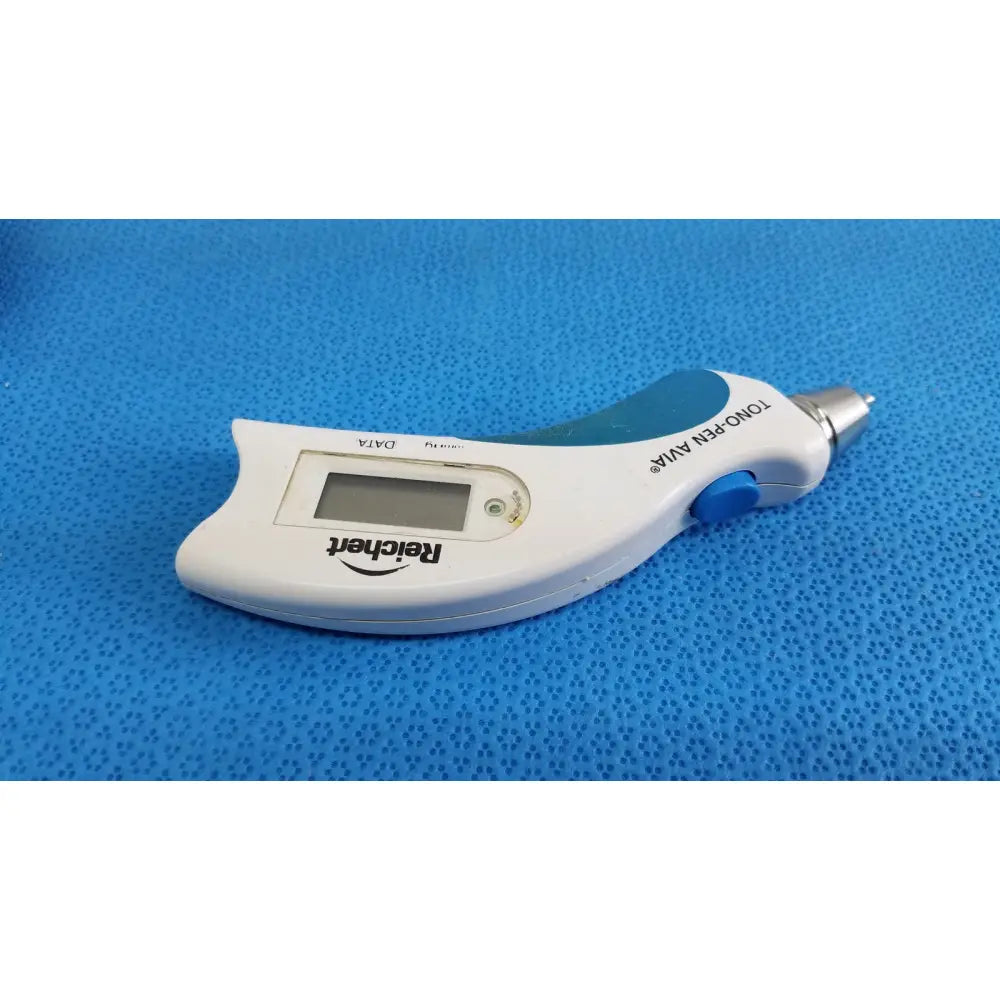 White and teal reichert tono pen avia handheld digital tonometer with small screen and branded body with case