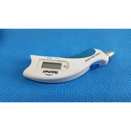 White and teal reichert tono pen avia handheld digital tonometer with small screen and branded body with case
