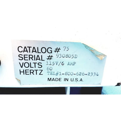 Light blue worn label on the back of reliable scientific quick spin micro centrifuge 115v showing electrical specs