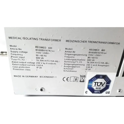 REO Reomed 600 IEC/EN60601-1 Medical Isolating Transformer 3rd Edition Medical Isolating Transformer, second-hand product photo 7