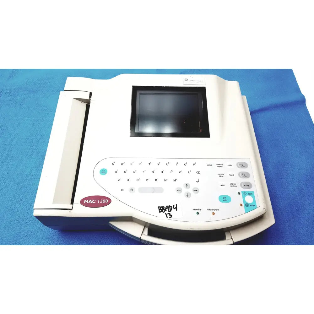 White mac1200 ekg machine with touchscreen and teal-accented control panel for professional repair service