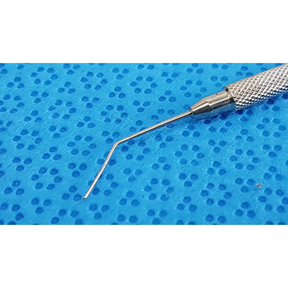 Silver lindstrom star manipulator with textured grip handle and fine curved titanium tip for precise surgical use