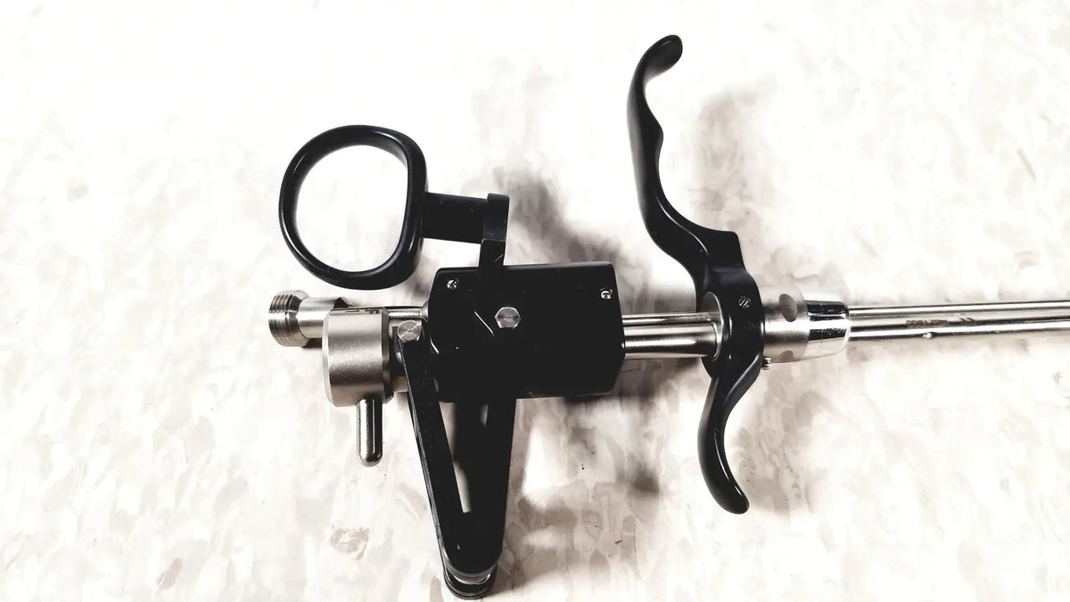 Black and silver richard wolf m821800 resectoscope with ergonomic handles and long metallic shaft for reuse medical use