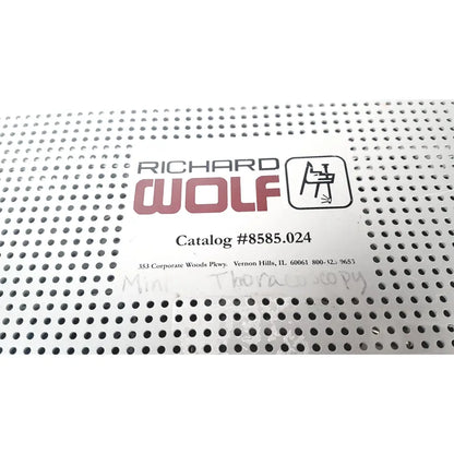 Richard Wolf 8585.024 mini cystoscope tray label with red and black text on white perforated metal surface