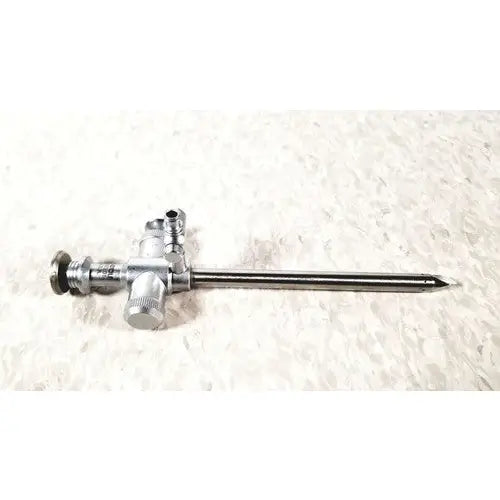 Silver richard wolf scope sheath with trocar endoscope featuring a slender metallic shaft and valve components at handle