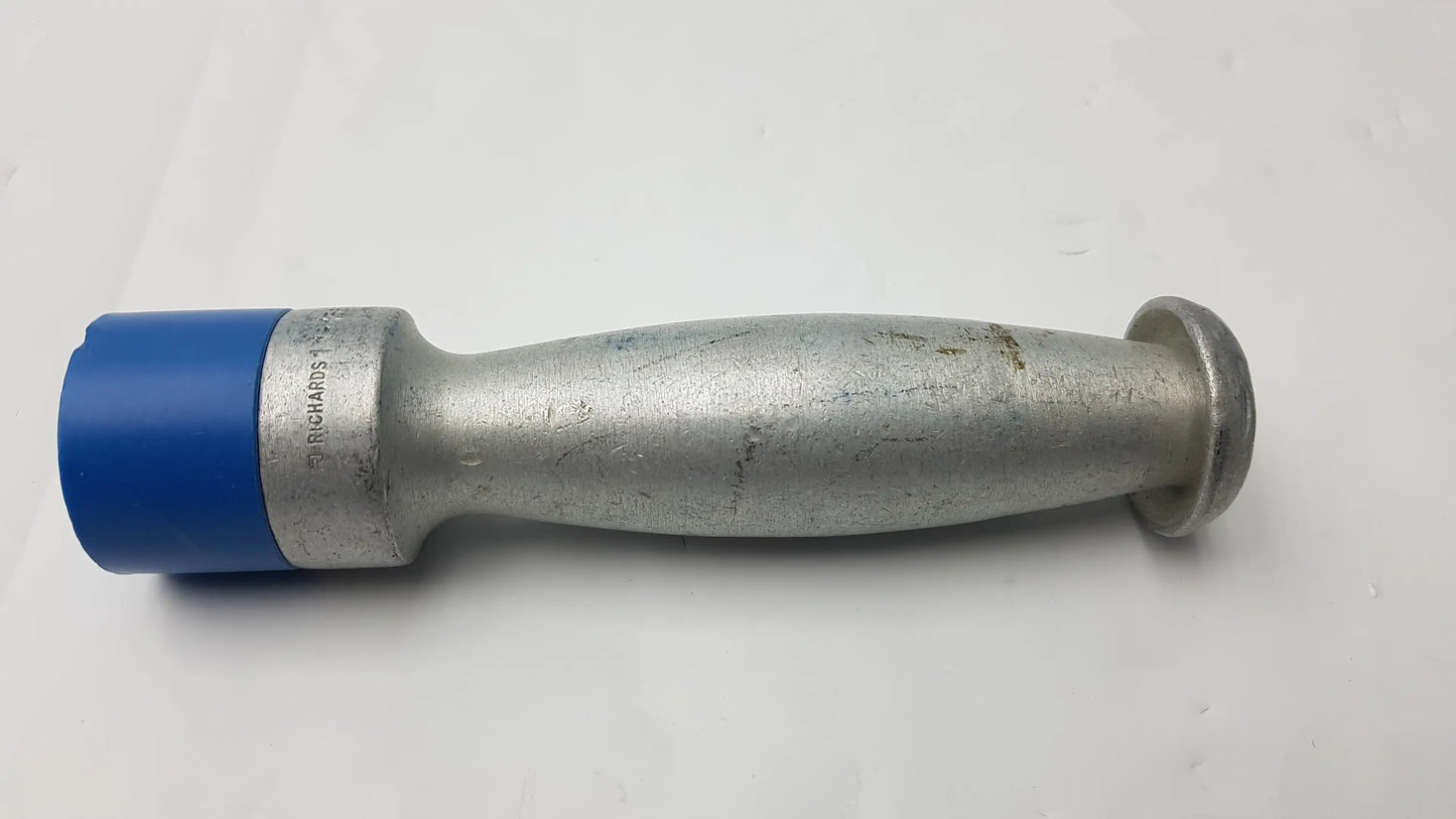 Silver metallic femoral head driver with blue plastic cap branded richards for orthopedic surgical use