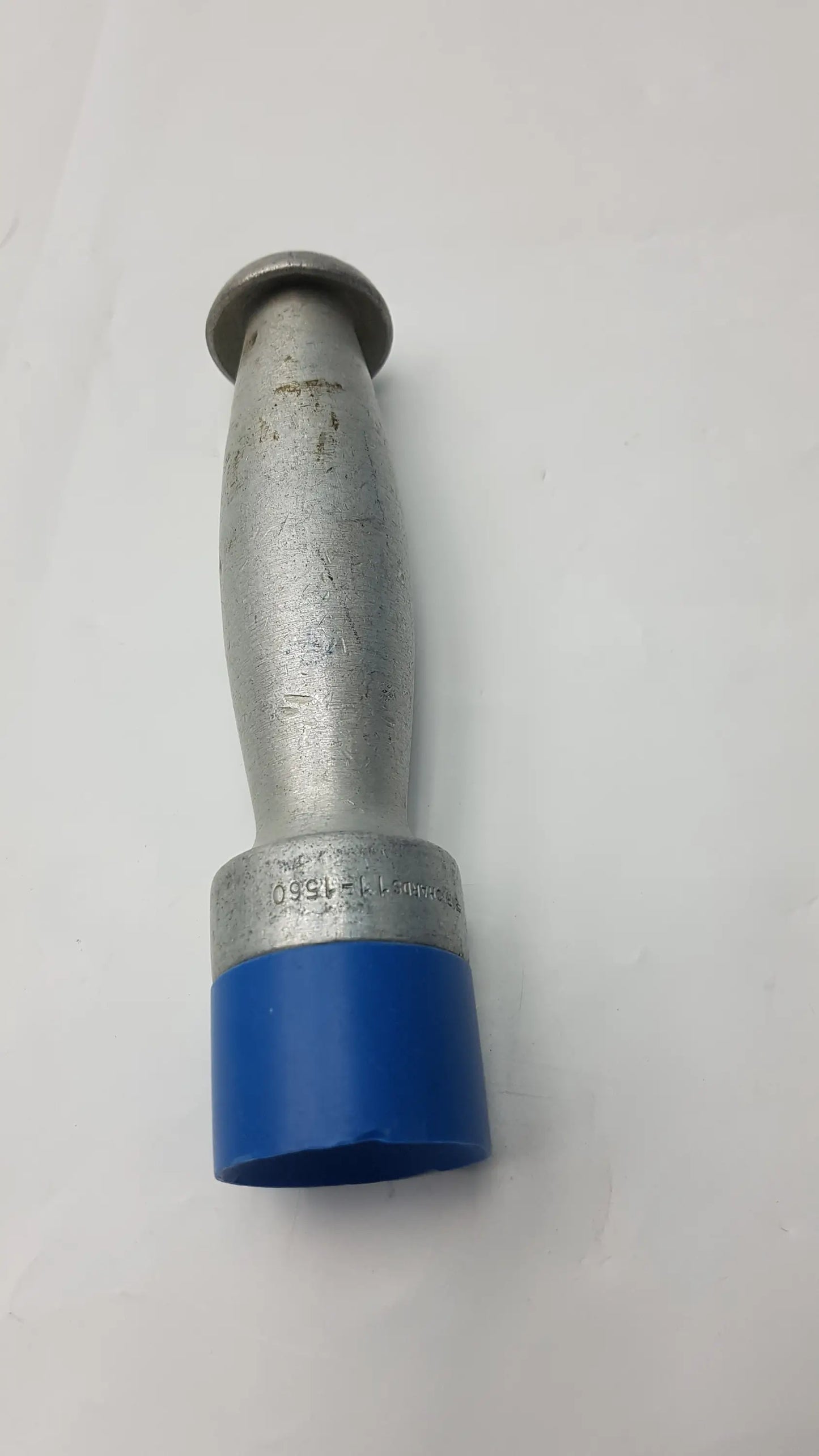Silver metal femoral head driver with blue plastic base and engraved markings for orthopedic surgical use
