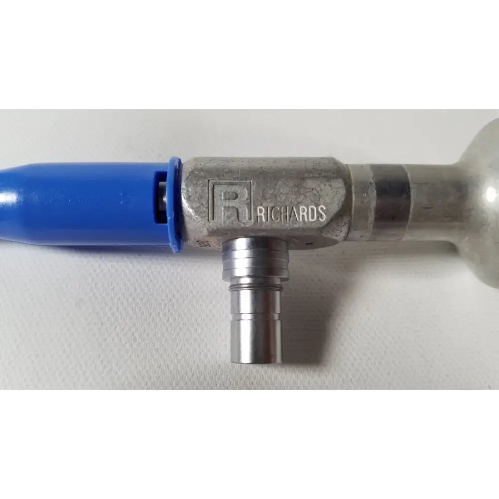 Richards wolf metal air hose connector with blue plastic tip and threaded fittings for reuse medical applications