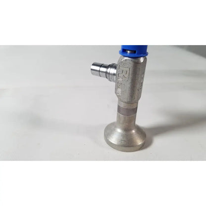Silver metallic valve with blue plastic cap and engraved richards wolf branding for reuse medical arthroscope use