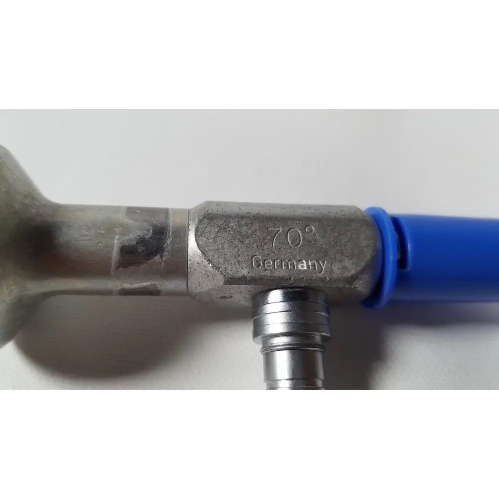 Silver metallic Richards Wolf 4.0 mm 70° arthroscope pipe fitting engraved 70° Germany connected to blue hose for reuse medical use