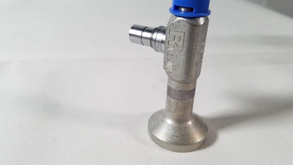 Silver metallic valve with blue plastic cap and engraved richards wolf branding for reuse medical arthroscope use