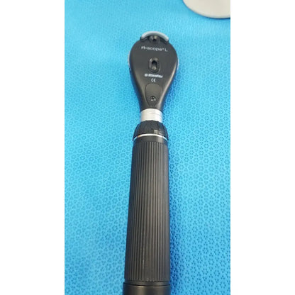 Black rieker i-scope l ophthalmoscope with textured grip and silver accents shown with riester ri-charger l charging base for reuse medical use