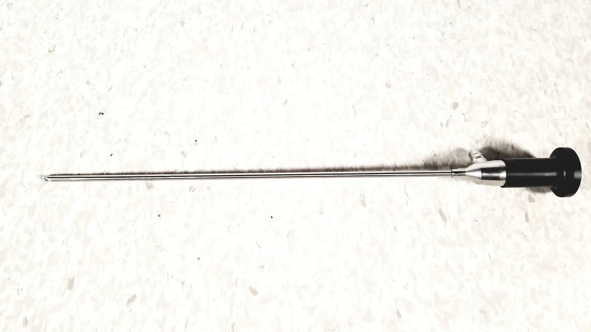 Silver rigid cystoscope 94509 with black handle and metallic tip designed for reuse medical procedures