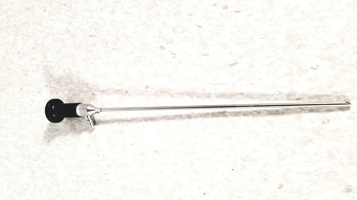 Silver rigid cystoscope 94509 with black handle and metallic joints designed for reuse medical procedures