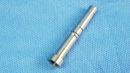 Silver metallic rigid endoscope light source optical fiber interface adapter connector with machined grooves and threaded ends