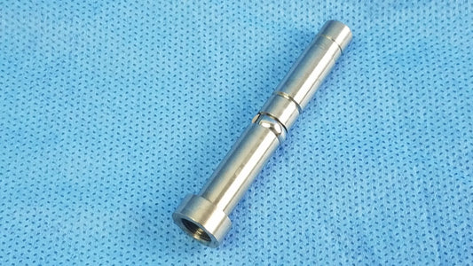 Silver metallic rigid endoscope light source optical fiber interface adapter connector with machined grooves and threaded ends
