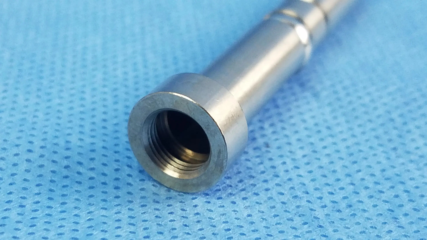 Silver metallic rigid endoscope light source optical fiber interface adapter connector with threaded cylindrical body and grooves