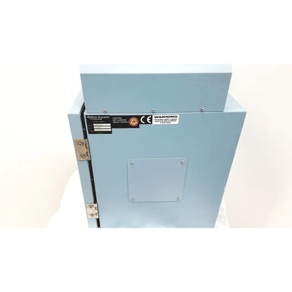 Light blue metal robbins scientific hybridization incubator model 400 with hinged door and warning labels temperature controller