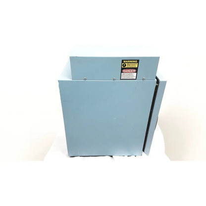 Light blue robbins scientific hybridization incubator model 400 temperature controller with a warning label on top