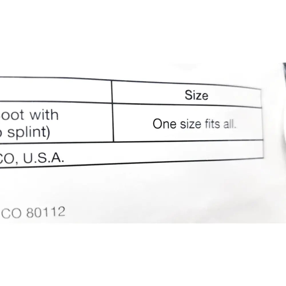 White label with black text one size fits all on the back of rooke soft afo hfs104 removable padded aluminum foot drop splint