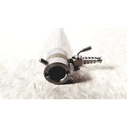 Silver metallic rotating single stopcock cannula with cylindrical body, threaded connections, and small lever mechanism