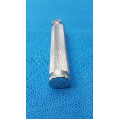 Silver metallic Rusch standard laryngoscope handle short stubby with textured grip and knurled end cap