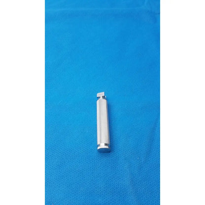 Silver metallic rusch standard laryngoscope handle short with textured cylindrical body and threaded ends for secure grip