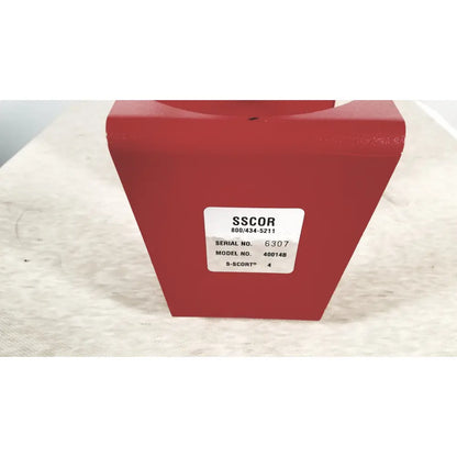 Red s-scort 4 model box with white label showing serial and model numbers for scort 40014b portable regulator