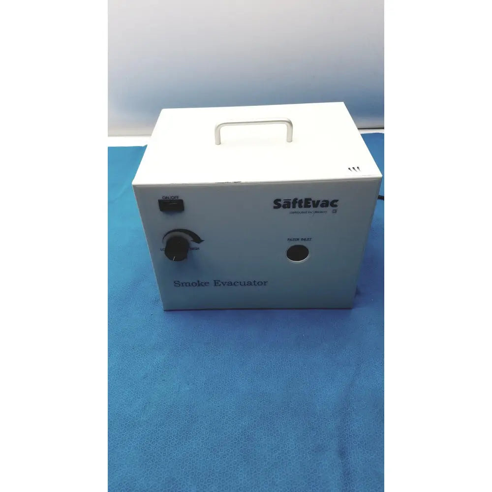 White rectangular SafEvac smoke evacuator EV - 09EV063 with handle, black power switch, knob, and labeled filter slot