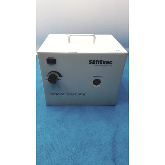 White rectangular SafEvac smoke evacuator EV - 09EV063 with black power switch, rotary dial, and filter inlet on the back side