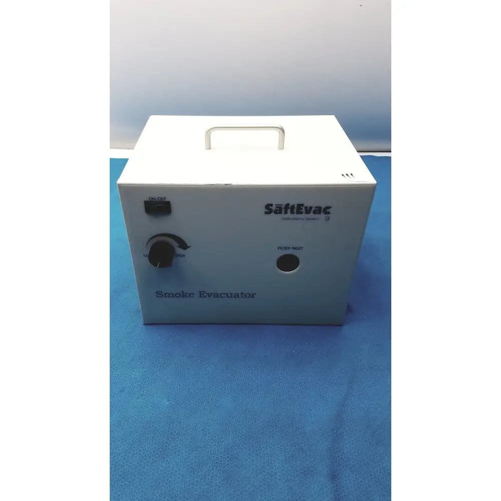 White rectangular SafEvac smoke evacuator EV 09EV063 with handle control knob and filter inlet for reuse medical use