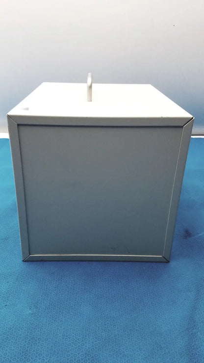Gray metal ballot box with white slot on top for safEvac smoke evacuator reuse medical applications