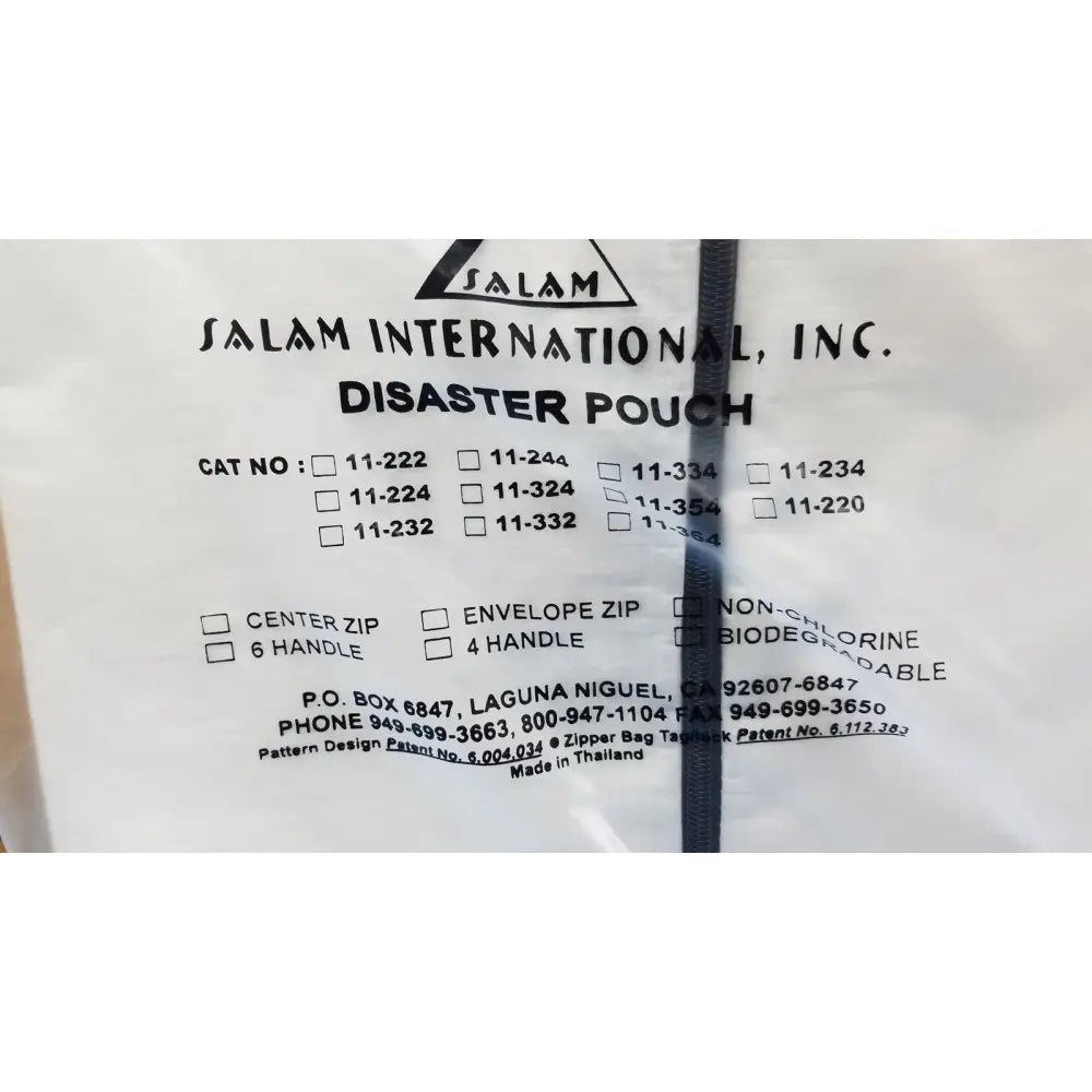 Salam international disaster pouch body bag mortuary bag white with black text and center zipper pull for secure closure