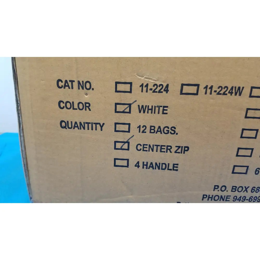 White cardboard box labeled salam international disaster pouch body bag mortuary bag white center zip specifications