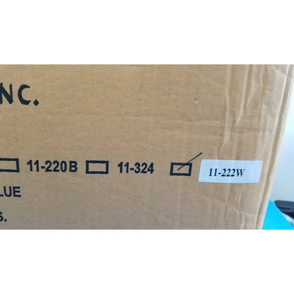 Brown cardboard box with black text and white sticker 11-222w containing salam international disaster pouch body bag mortuary bag white center zip