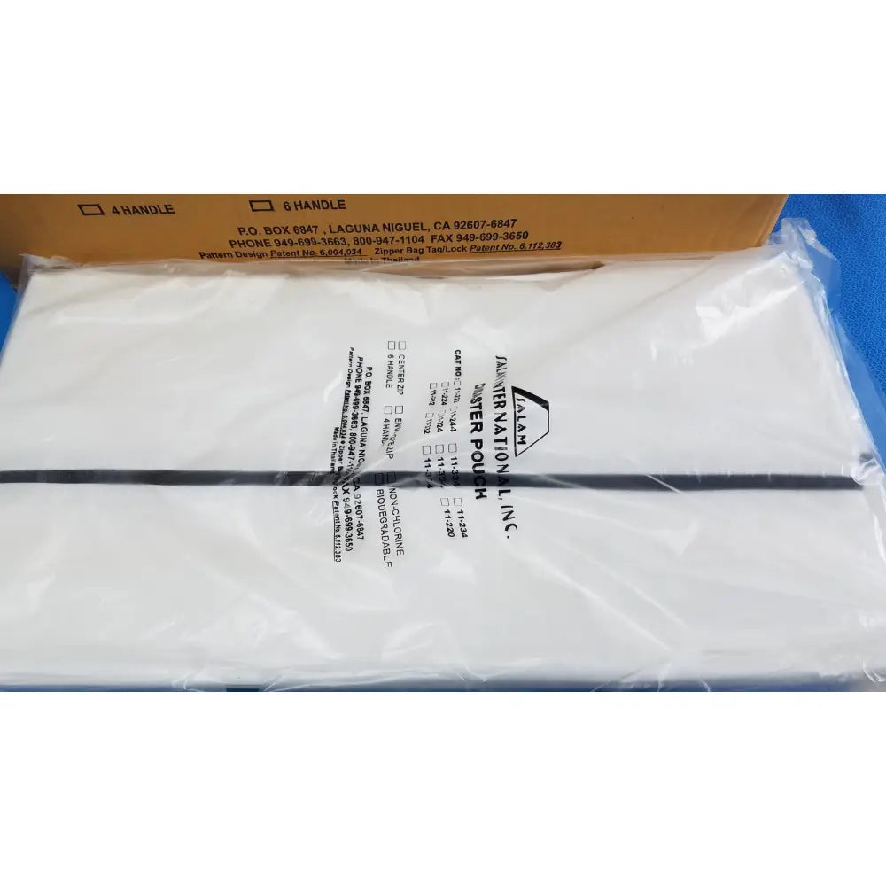 White polyester salam international disaster pouch body bag with black center zipper and printed branding