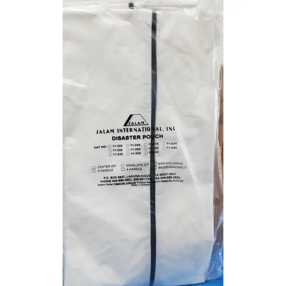 White plastic salam international disaster pouch body bag with black center zipper and printed product label