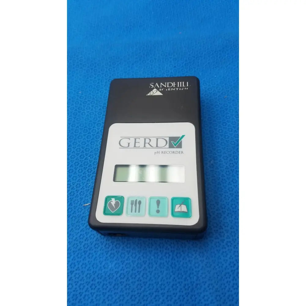 Black and white handheld sandhill scientific gerd ph recorder g99-1100 with teal accent buttons and icon labels