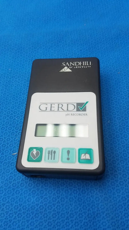 Black and white handheld sandhill scientific gerd ph recorder g99-1100 with teal accent buttons and icon labels