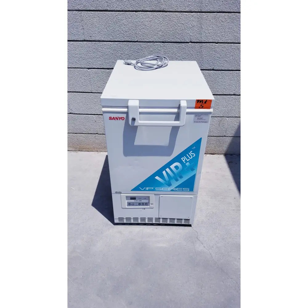 White sanyo vip series ultra low temperature freezer model mdf-c8v1 with blue branding and front control panel