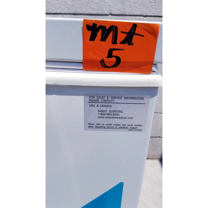 White sanyo vip series ultra low temperature medical freezer with orange mt 5 price tag model mdf-c8v1